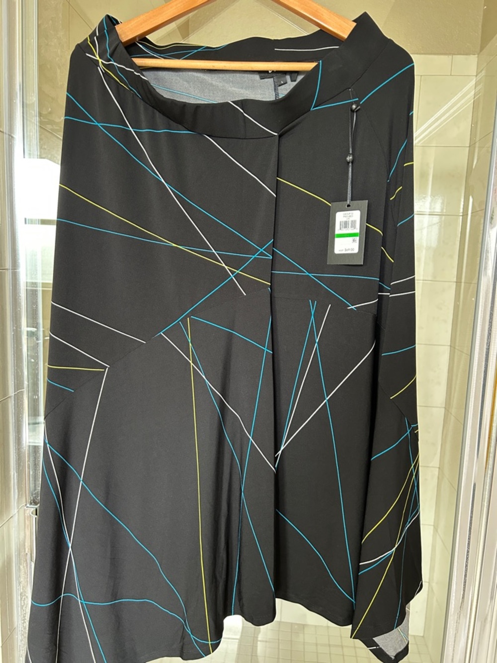 DKNY Black Midi Skirt with Blue, White & Yellow Line Print